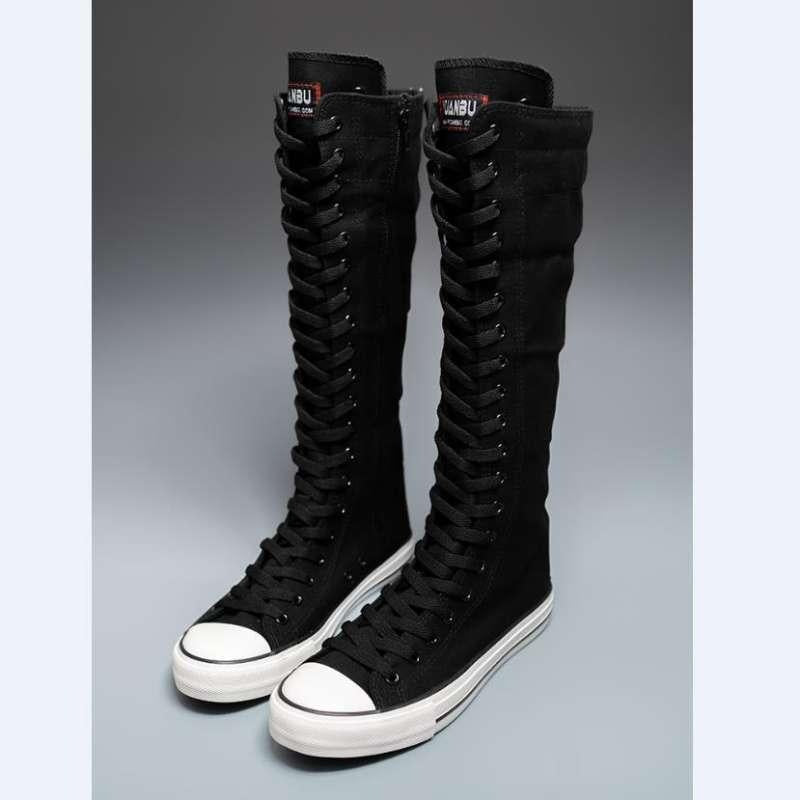 Women's High Top Canvas Shoes Korean Edition Lace-Up Long Boot Comfortable Zipper Boots