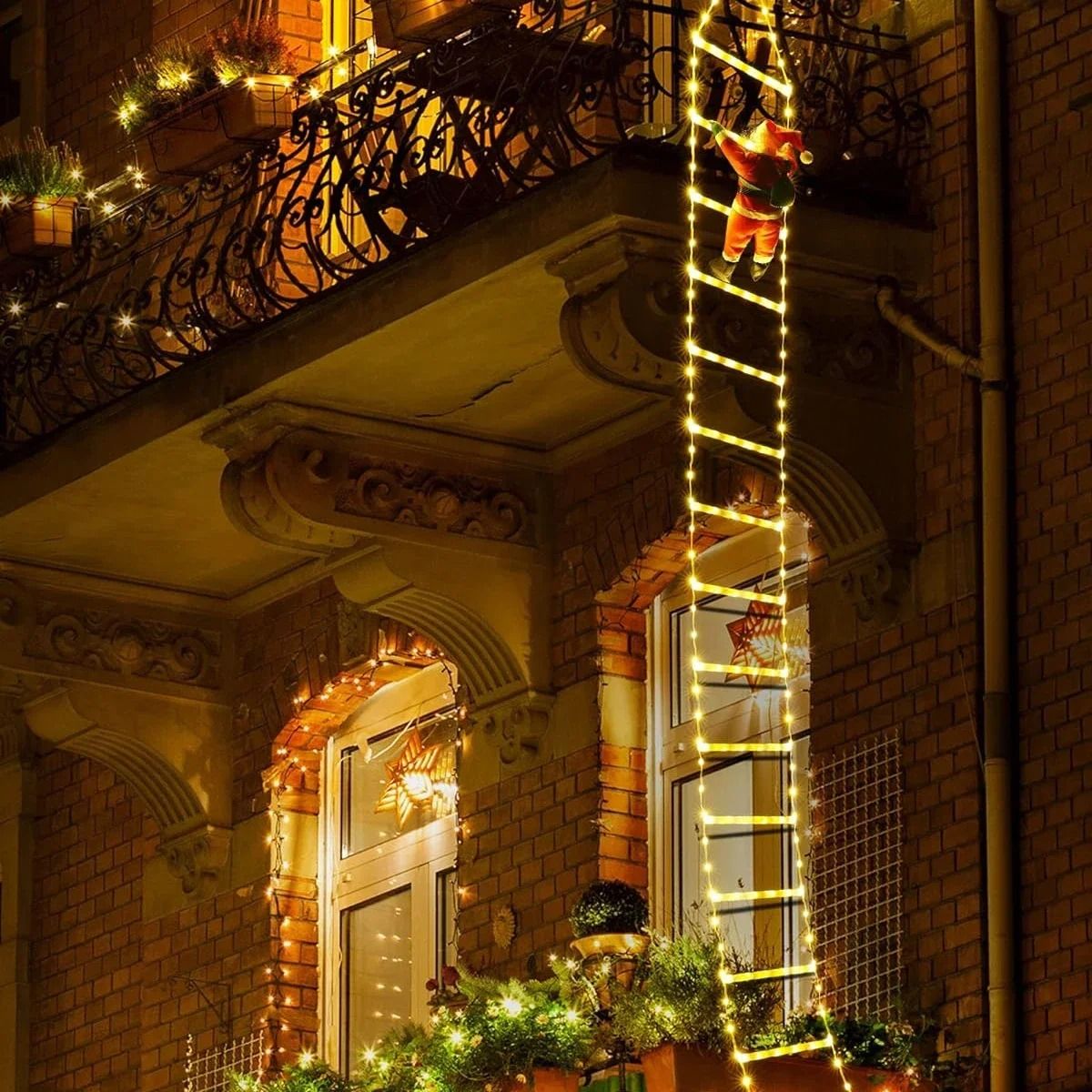 Santa Claus Climbing Ladder Christmas Decoration with Warm Lights for Indoor and Outdoor Holiday Display