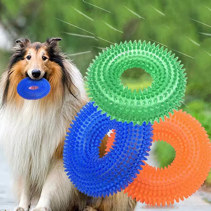 Natural TPR Rubber Dog Chew Toy Interactive Squeaky Thorn Ring for Puppy Teeth Cleaning and Grinding