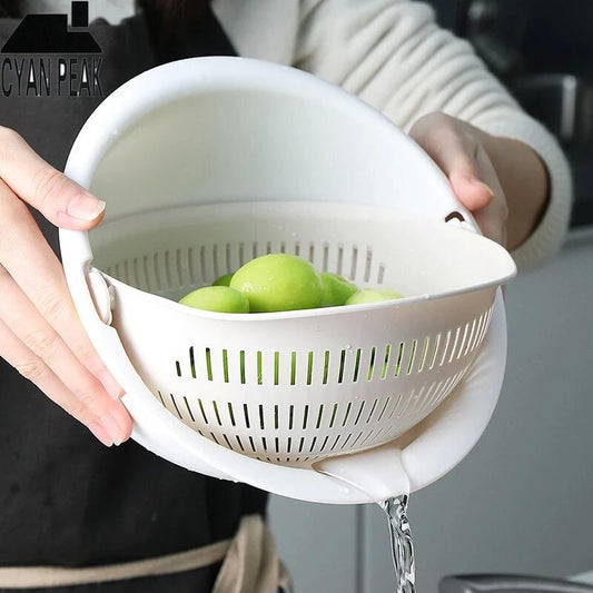 Kitchen Fruit Tray with Removable Double Layer, Rotating Washing Basket, Household Draining Basin for Fruits