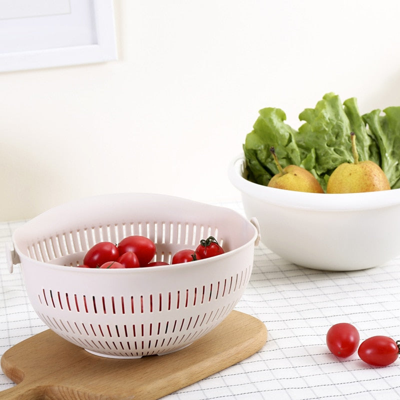Kitchen Fruit Tray with Removable Double Layer, Rotating Washing Basket, Household Draining Basin for Fruits