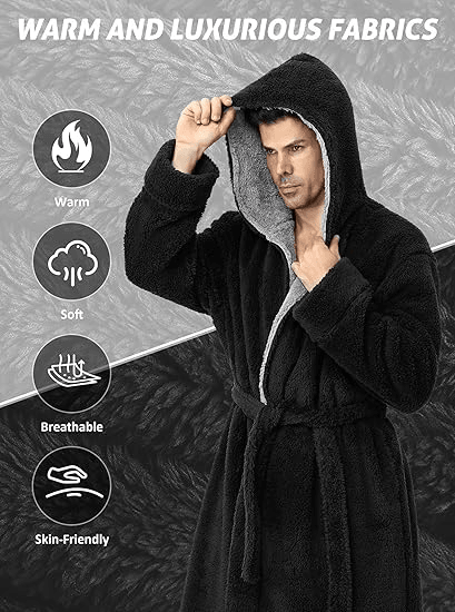 Men's Hooded Bathrobe, Soft Fluffy Robe, Long Quick Dry Sleepwear, Home Gown