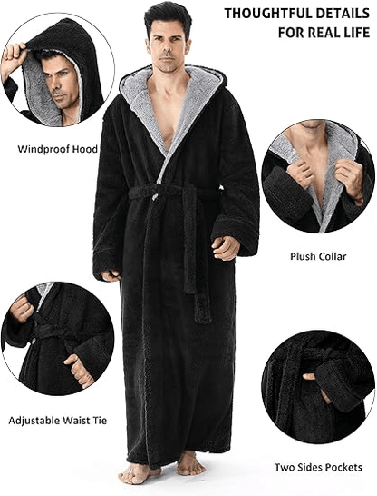 Men's Hooded Bathrobe, Soft Fluffy Robe, Long Quick Dry Sleepwear, Home Gown