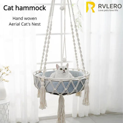 Hand Woven Cotton Rope Cat Hammock Hanging Pet Swing Basket for Indoor Use