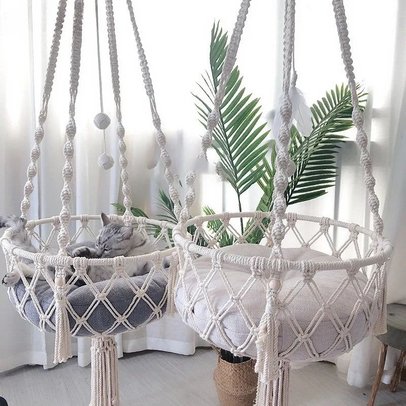 Hand Woven Cotton Rope Cat Hammock Hanging Pet Swing Basket for Indoor Use
