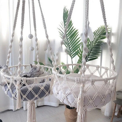 Hand Woven Cotton Rope Cat Hammock Hanging Pet Swing Basket for Indoor Use