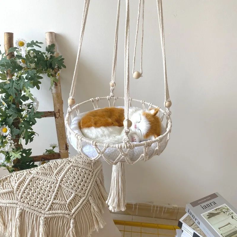 Hand Woven Cotton Rope Cat Hammock Hanging Pet Swing Basket for Indoor Use