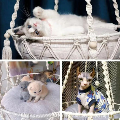 Hand Woven Cotton Rope Cat Hammock Hanging Pet Swing Basket for Indoor Use