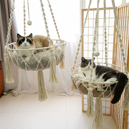 Hand Woven Cotton Rope Cat Hammock Hanging Pet Swing Basket for Indoor Use