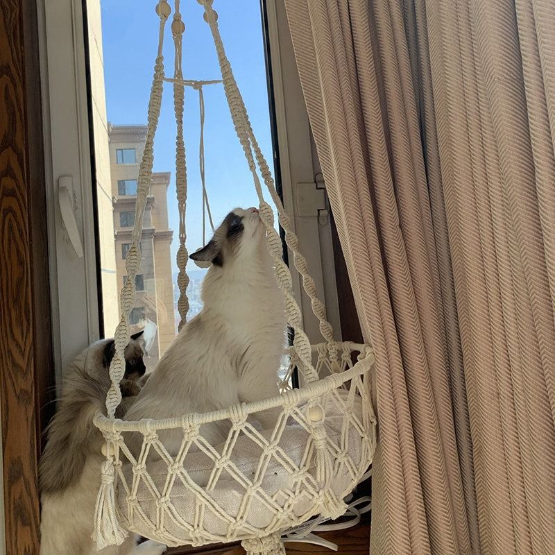 Hand Woven Cotton Rope Cat Hammock Hanging Pet Swing Basket for Indoor Use