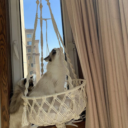 Hand Woven Cotton Rope Cat Hammock Hanging Pet Swing Basket for Indoor Use
