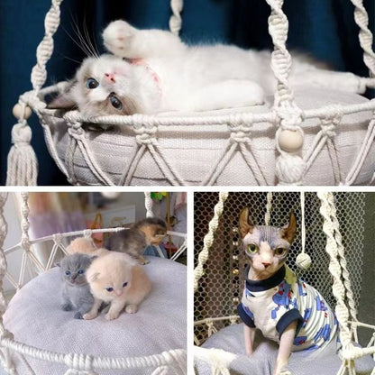 Hand Woven Cotton Rope Cat Hammock Hanging Pet Swing Basket for Indoor Use