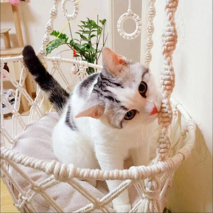Hand Woven Cotton Rope Cat Hammock Hanging Pet Swing Basket for Indoor Use