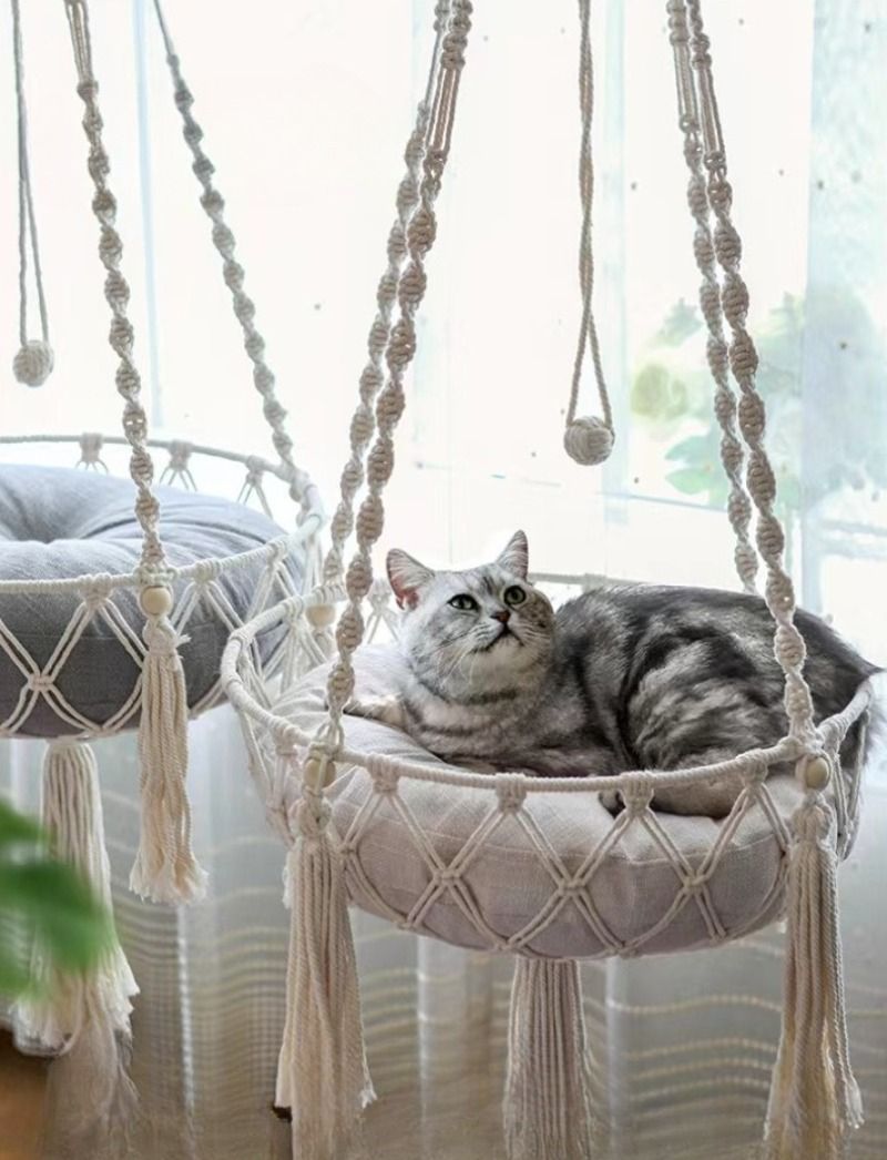 Hand Woven Cotton Rope Cat Hammock Hanging Pet Swing Basket for Indoor Use