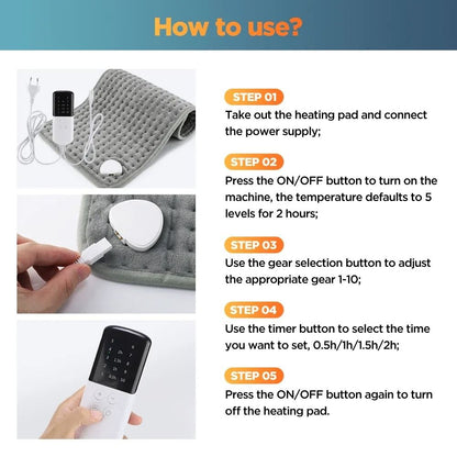 Electric Heating Pad 11.81 x 23.62 in with 10 Temperature Levels and Auto Timer