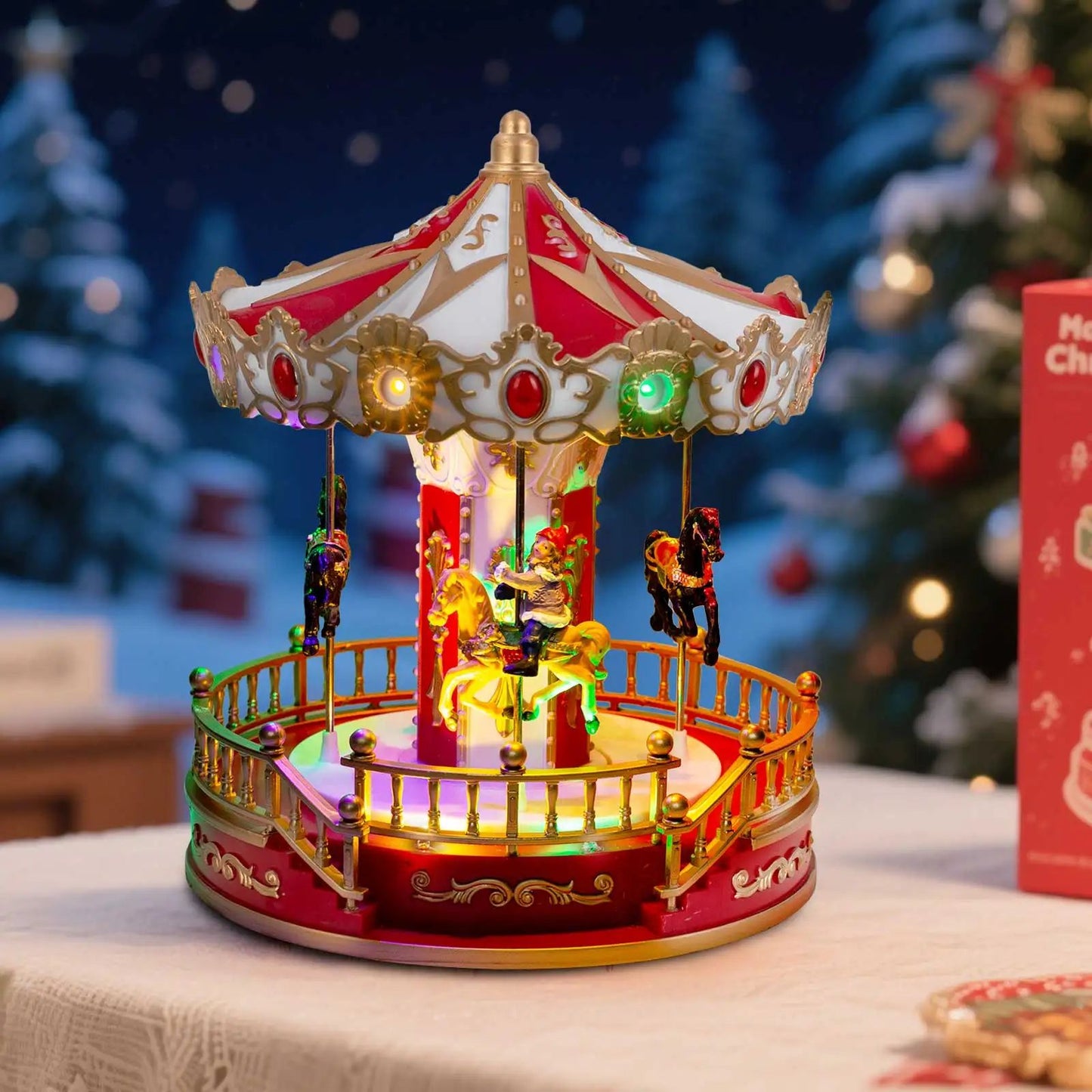 Cozy Christmas LED Musical Carousel - Animated Holiday Table Decoration