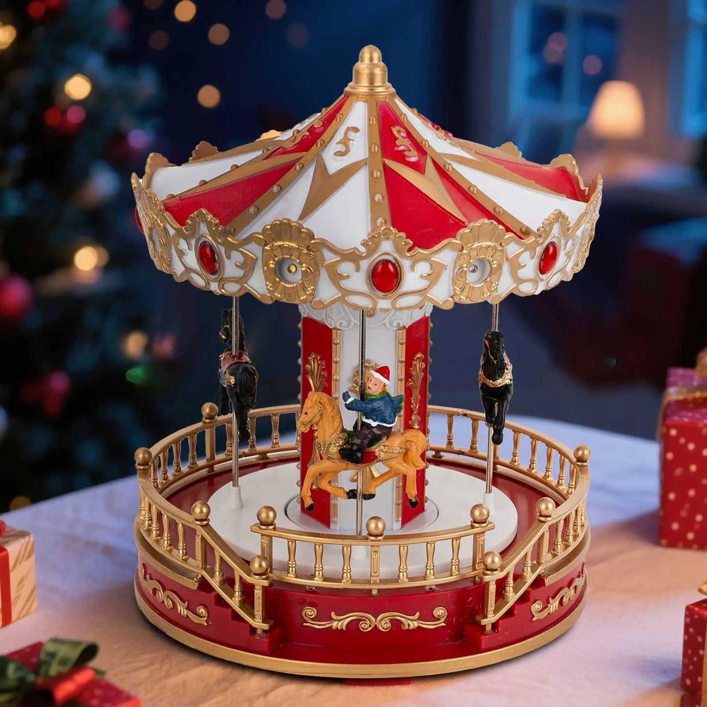 Cozy Christmas LED Musical Carousel - Animated Holiday Table Decoration