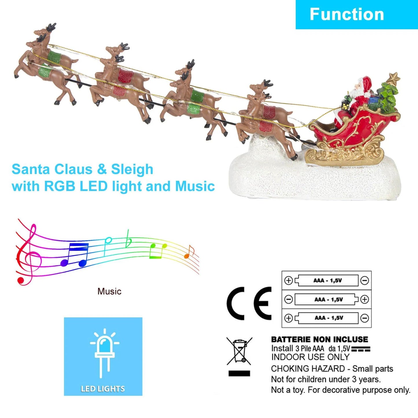 Santas Sleigh & Reindeer LED Light Christmas Village Decor (Indoor Holiday Figurine)
