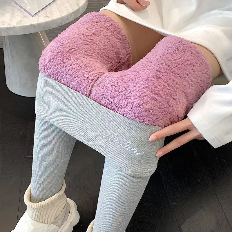 Stretchy Fleece Leggings for Women, Casual Pencil Pants with Letter Print, Warm Slim Fit Autumn Winter