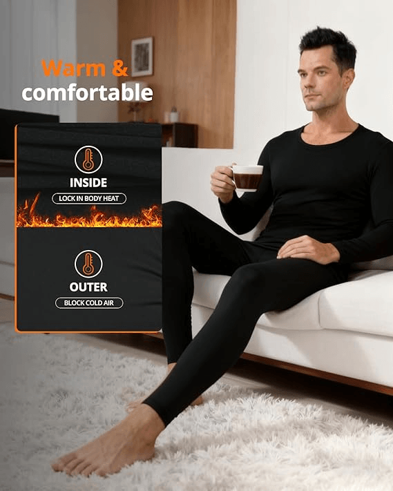 Mens Thermal Underwear Set Long Sleeve Top and Bottom