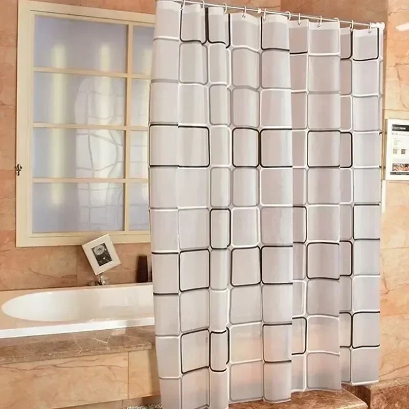 Waterproof Bathroom Shower Curtain – Modern Geometric Plaid Pattern, Translucent Decorative Curtain