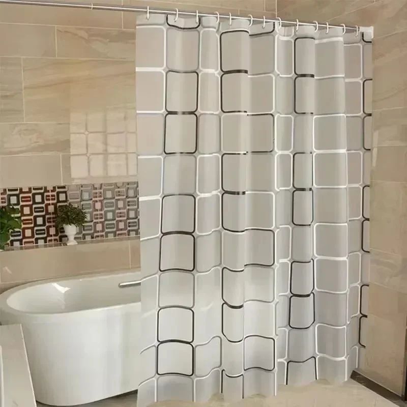 Waterproof Bathroom Shower Curtain – Modern Geometric Plaid Pattern, Translucent Decorative Curtain