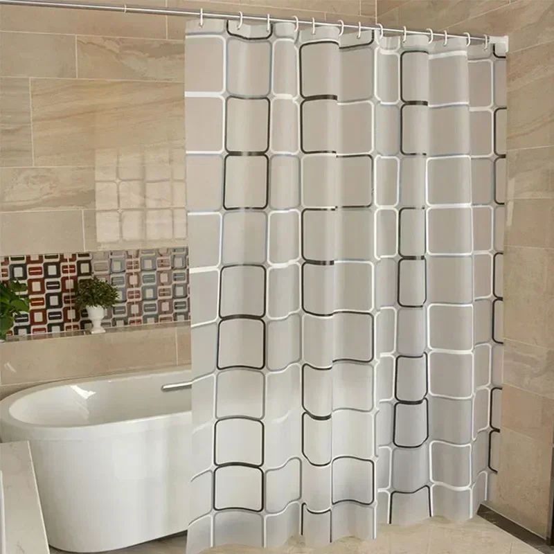 Waterproof Bathroom Shower Curtain – Modern Geometric Plaid Pattern, Translucent Decorative Curtain