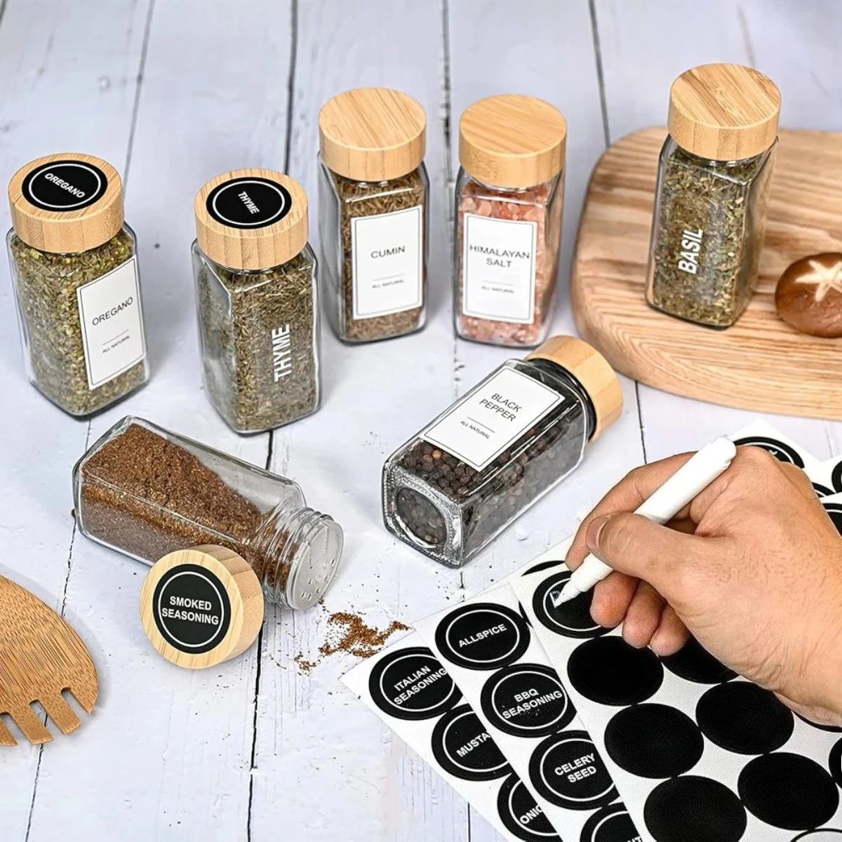 Farmhouse 12-Piece Glass Spice Jar Set with Bamboo Lids & Labels
