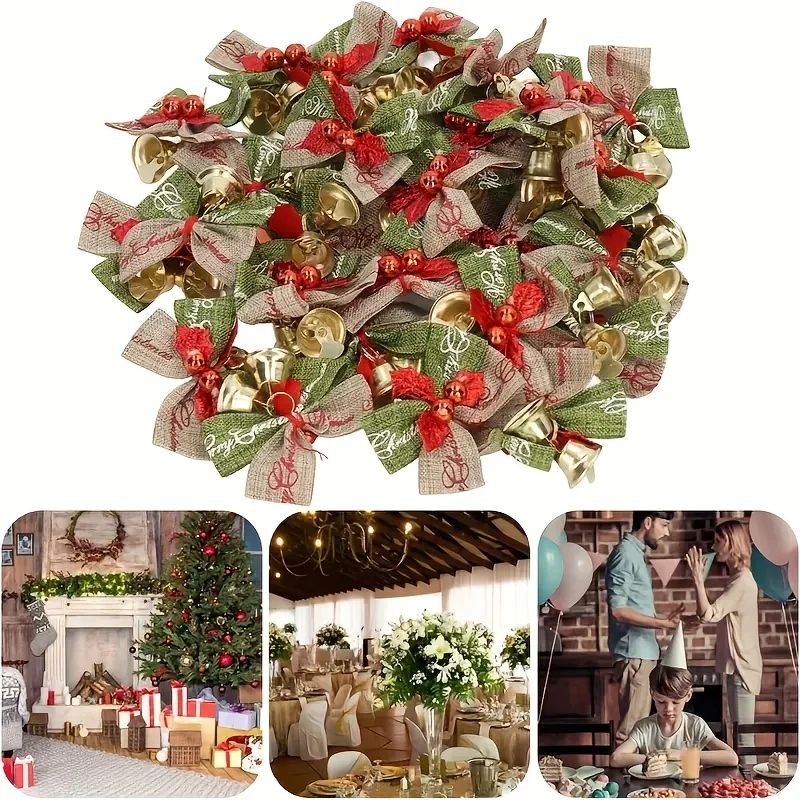 10-Piece Christmas Ribbon Bows with Bells – Mini Red & Green Ornaments for Gift Boxes, Trees & Wedding Decor