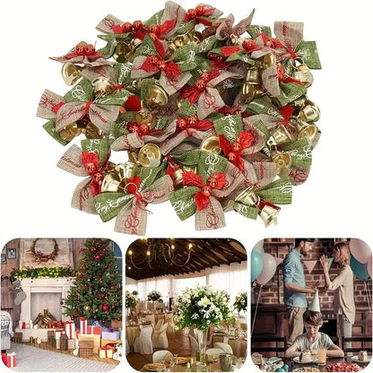 10-Piece Christmas Ribbon Bows with Bells – Mini Red & Green Ornaments for Gift Boxes, Trees & Wedding Decor
