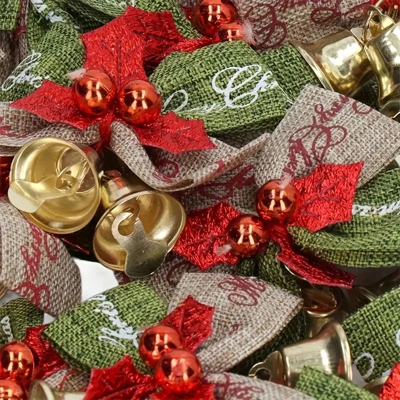 10-Piece Christmas Ribbon Bows with Bells – Mini Red & Green Ornaments for Gift Boxes, Trees & Wedding Decor