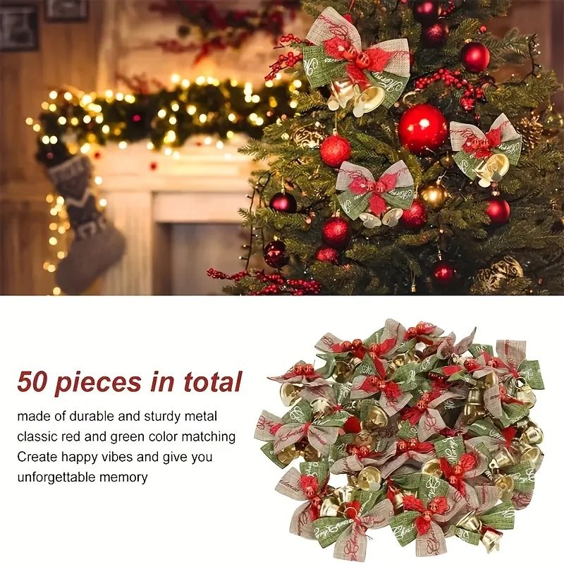 10-Piece Christmas Ribbon Bows with Bells – Mini Red & Green Ornaments for Gift Boxes, Trees & Wedding Decor