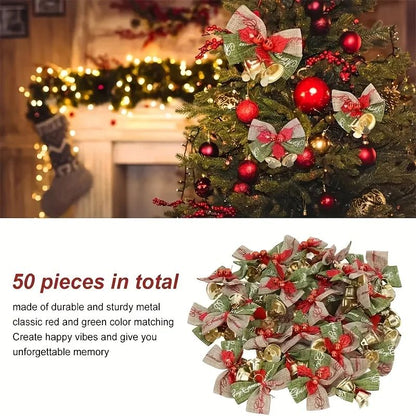 10-Piece Christmas Ribbon Bows with Bells – Mini Red & Green Ornaments for Gift Boxes, Trees & Wedding Decor