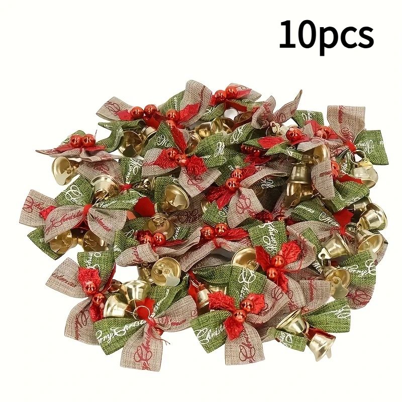 10-Piece Christmas Ribbon Bows with Bells – Mini Red & Green Ornaments for Gift Boxes, Trees & Wedding Decor
