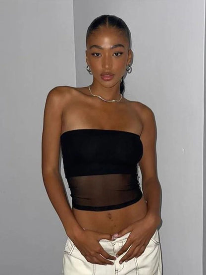 Womens Mesh Patchwork Strapless Corset Crop Top