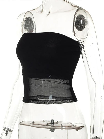 Womens Mesh Patchwork Strapless Corset Crop Top