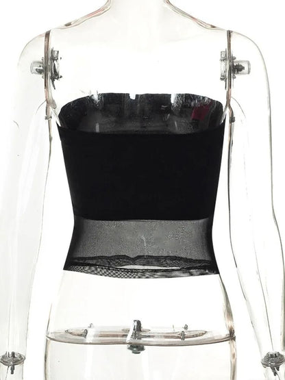 Womens Mesh Patchwork Strapless Corset Crop Top