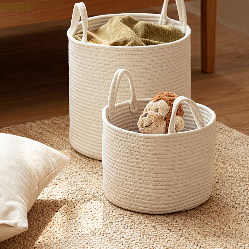 Solid White Laundry Basket for Home Organization, Baby Toy Storage, Cotton Rope Woven Sundries Organizer