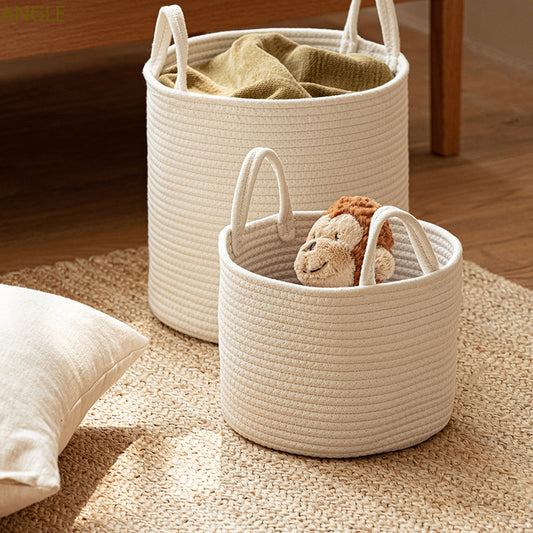 Solid White Laundry Basket for Home Organization, Baby Toy Storage, Cotton Rope Woven Sundries Organizer