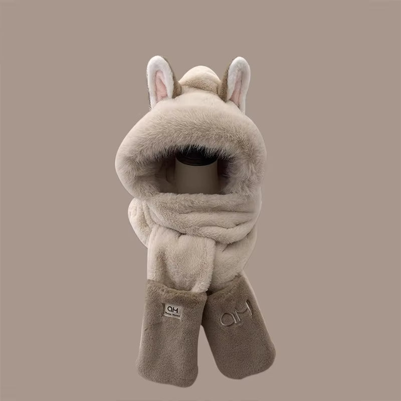 Fashionable One-Piece Plush Hat Winter Fox Warm Ear Protection Scarf
