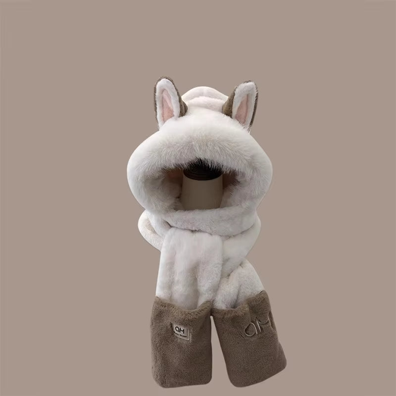 Fashionable One-Piece Plush Hat Winter Fox Warm Ear Protection Scarf