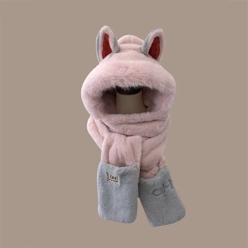Fashionable One-Piece Plush Hat Winter Fox Warm Ear Protection Scarf