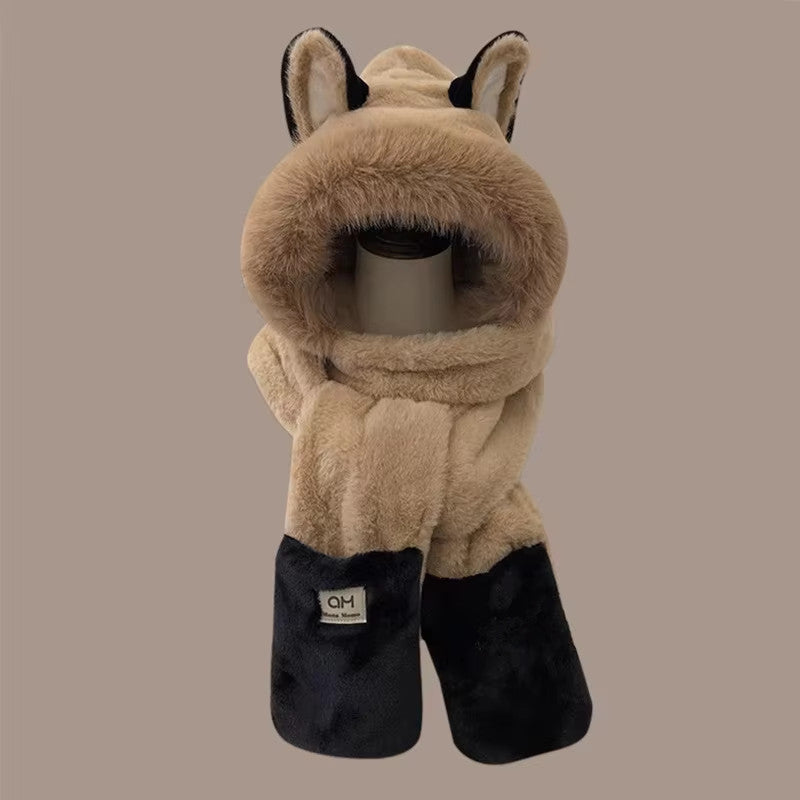 Fashionable One-Piece Plush Hat Winter Fox Warm Ear Protection Scarf