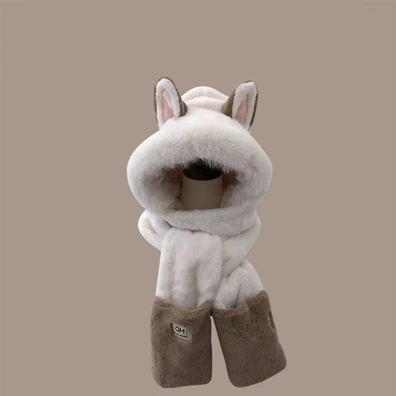 Fashionable One-Piece Plush Hat Winter Fox Warm Ear Protection Scarf