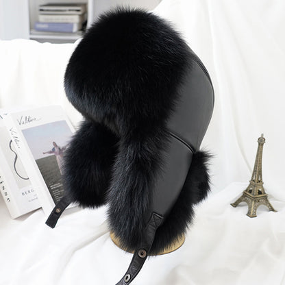 Men Real Silver Fox Fur Bomber Hat, Raccoon Fur Cap, Russian Trapper Ski Hats, Leather Winter Hat for Men