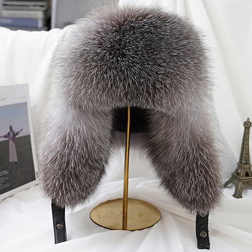 Men Real Silver Fox Fur Bomber Hat, Raccoon Fur Cap, Russian Trapper Ski Hats, Leather Winter Hat for Men