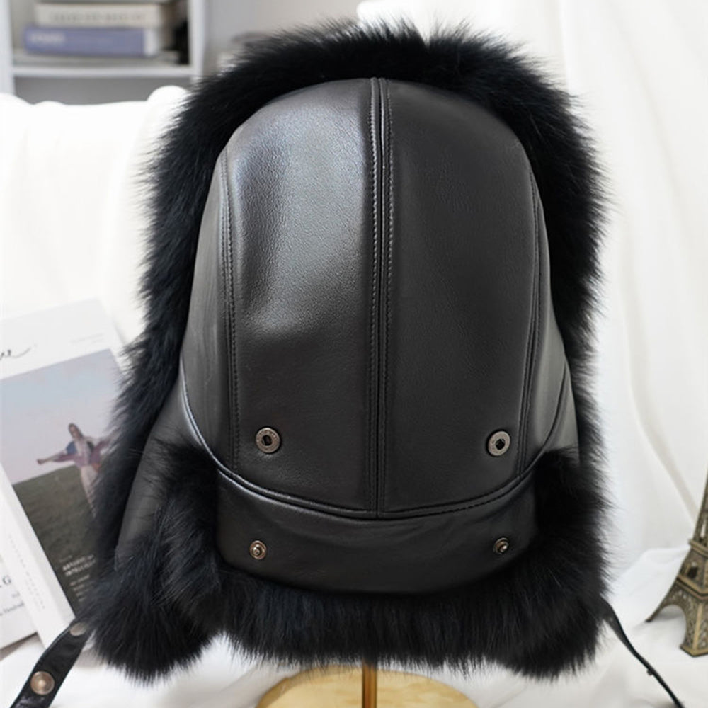 Men Real Silver Fox Fur Bomber Hat, Raccoon Fur Cap, Russian Trapper Ski Hats, Leather Winter Hat for Men