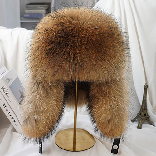 Men Real Silver Fox Fur Bomber Hat, Raccoon Fur Cap, Russian Trapper Ski Hats, Leather Winter Hat for Men