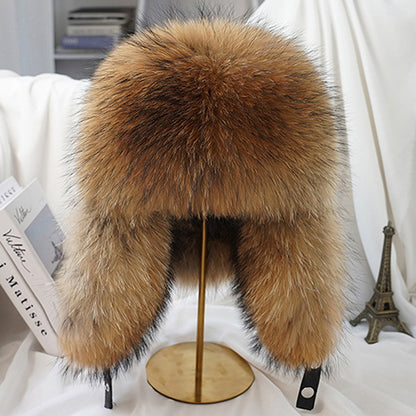 Men Real Silver Fox Fur Bomber Hat, Raccoon Fur Cap, Russian Trapper Ski Hats, Leather Winter Hat for Men