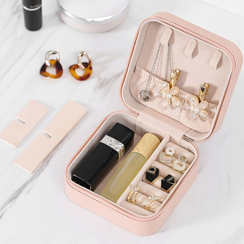Travel Friendly Storage Box, Pink Synthetic Leather Jewelry Box for Earrings, Necklaces, Rings